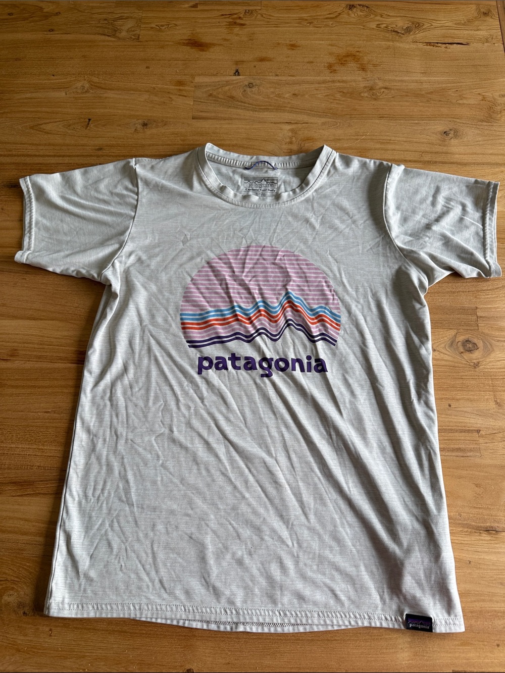 Patagonia Light Gray Tee with Pink Semicircle and Purple Logo